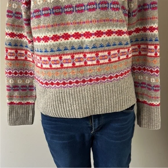 J Crew Womens Holly Fair Isle Wool Sweater Crewneck Grey Red White Sz S Sweaters